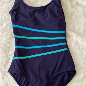 Blue One Piece Swimsuit with Diagonal Stripes w/Tummy Thinner